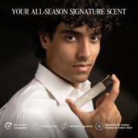 Male model holding XVII Oud by Tsar 20 ml perfume bottle against a dark studio background
